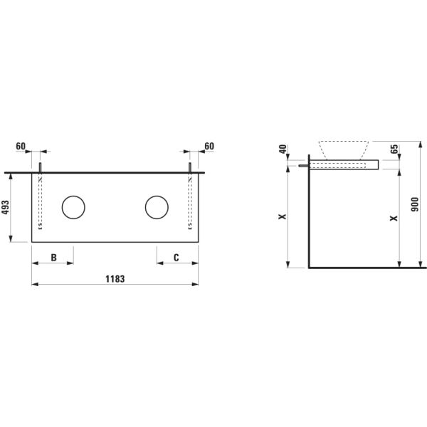 LAUFEN LANI Umývadlová doska 1200, s výrezom vľavo a vpravo, hrúbka: 65 mm, vr. 2 nástenných držiakov, 1185x495x65 mm, Divoký dub 267, H4046741122671