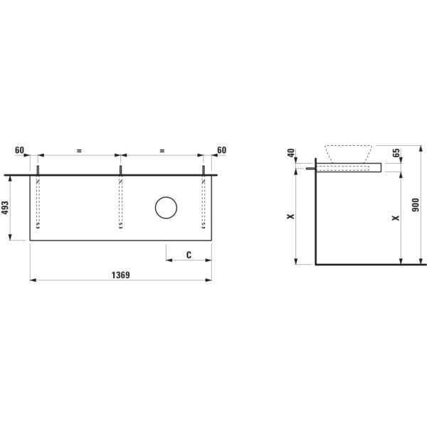 LAUFEN LANI Umývadlová doska 1400, s výrezom vpravo, hrúbka: 65 mm, vr. 3 nástenných držiakov, 1370x495x65 mm, Divoký dub 267, H4046831122671
