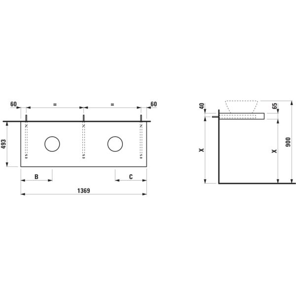 LAUFEN LANI Umývadlová doska 1400, s výrezom vľavo a vpravo, hrúbka: 65 mm, vr. 3 nástenných držiakov, 1370x495x65 mm, Biela matná 260, H4046841122601