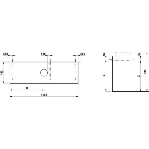 LAUFEN LANI Umývadlová doska 1600, s 1 výrezom uprostred, hrúbka: 65 mm, vr. 3 nástenných držiakov, 1570x495x65 mm, Biela matná 260, H4046911122601