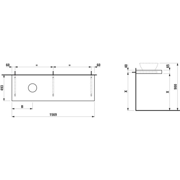 LAUFEN LANI Umývadlová doska 1600, s výrezom vľavo, hrúbka: 65 mm, vr. 3 nástenných držiakov, 1570x495x65 mm, Divoký dub 267, H4046921122671