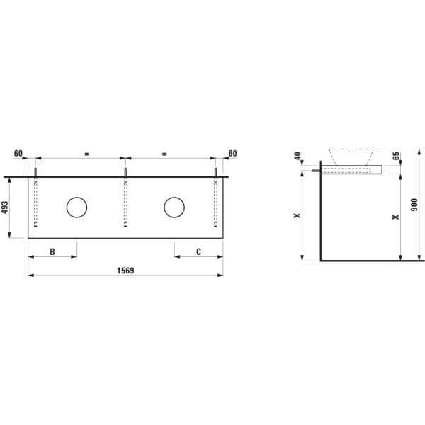 LAUFEN LANI Umývadlová doska 1600, s výrezom vľavo a vpravo, hrúbka: 65 mm, vr. 3 nástenných držiakov, 1570x495x65 mm, Šedá traffic 266, H4046941122661