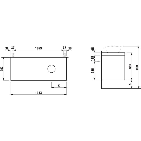 LAUFEN LANI Modulárna zostava 1200, umývadlová doska 65 mm (.260 šedá traffic), s výrezom vpravo, s 2 zásuvkami, 1185x495x580 mm, Šedá traffic 266, H4055731122661