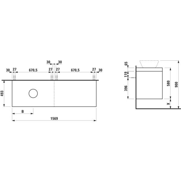 LAUFEN LANI Modulárna zostava 1600, umývadlová doska 65 mm (.260 šedá traffic), s výrezom vľavo, so 2 zásuvkami: zásuvkový element 800 pravý + zásuvkový element 800 ľavý, 1570x495x580 mm, Biela matná 260, H4055921122601