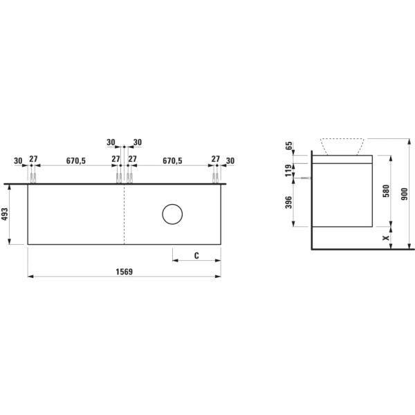 LAUFEN LANI Modulárna zostava 1600, umývadlová doska 65 mm (.260 šedá traffic), s výrezom vpravo, so 2 zásuvkami: zásuvkový element 800 pravý + zásuvkový element 800 ľavý, 1570x495x580 mm, Šedá traffic 266, H4055931122661