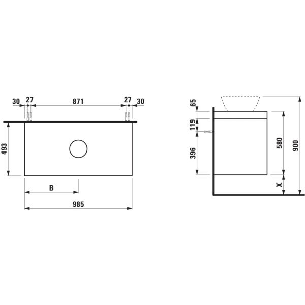 LAUFEN LANI Modulárna zostava 1000, umývadlová doska 65 mm (.267 divoký dub), s 1 výrezom uprostred, s 2 zásuvkami, 985x495x580 mm, Biela matná 260, H4065611122601