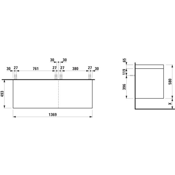 LAUFEN LANI Modulárna zostava 1400, umývadlová doska 65 mm (.267 divoký dub), bez výrezu, so 2 zásuvkami: zásuvkový element 800 + zásuvkový element 600, 1370x495x580 mm, Multicolour farby 999, H4065801129991
