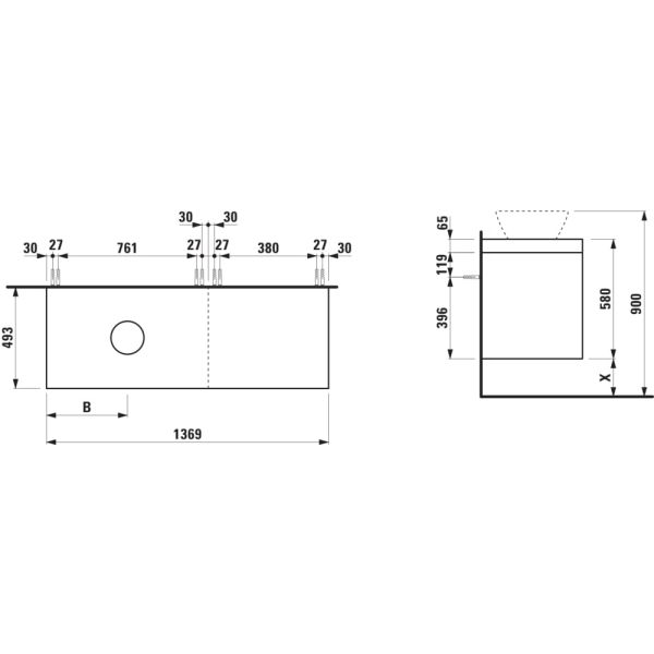 LAUFEN LANI Modulárna zostava 1400, umývadlová doska 65 mm (.267 divoký dub), s výrezom vľavo, so 2 zásuvkami: zásuvkový element 800 ľavý + zásuvkový element 600 pravý, 1370x495x580 mm, Špeciálne farby 990, H4065821129901