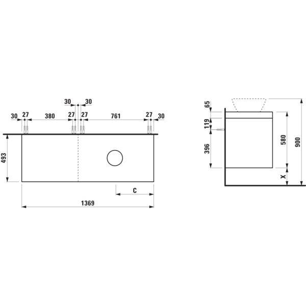 LAUFEN LANI Modulárna zostava 1400, umývadlová doska 65 mm (.267 divoký dub), s výrezom vpravo, so 2 zásuvkami: zásuvkový element 800 pravý + zásuvkový element 600 ľavý, 1370x495x580 mm, Šedá traffic 266, H4065831122661
