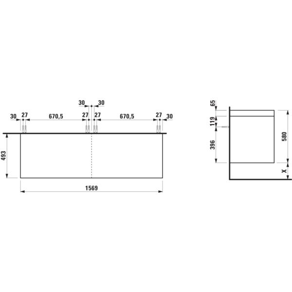 LAUFEN LANI Modulárna zostava 1600, umývadlová doska 65 mm (.267 divoký dub), bez výrezu, so 2 zásuvkami: zásuvkový element 800 + zásuvkový element 800, 1570x495x580 mm, Biela lesklá 261, H4065901122611