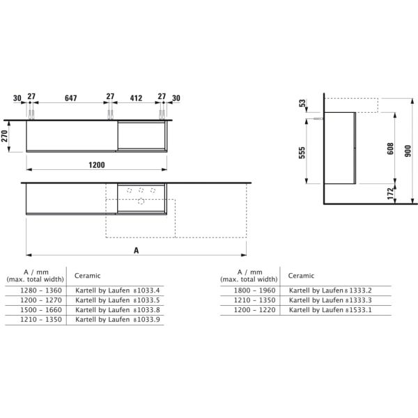 LAUFEN Kartell LAUFEN Skrinka pod umývadlo s dvierkami a dvomi výklopmi, umývadlo vpravo, 1200x270x610 mm, Kamienky šedé 641, H4082920336411