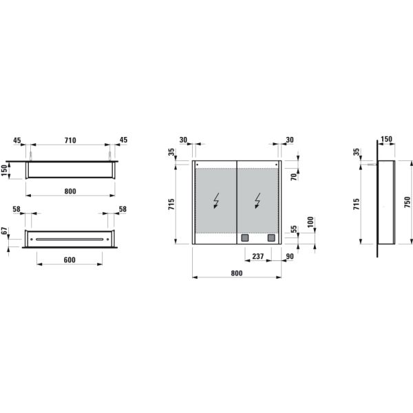 LAUFEN FRAME 25 Zrkadlová skrinka, hliníková, s 2 LED osvetľovacími prvkami a spodným ambient osvetlením, s EÚ zásuvkami, so senzorovým vypínačom, 800x150x750 mm, Zrkadlo 144, H4085539001441