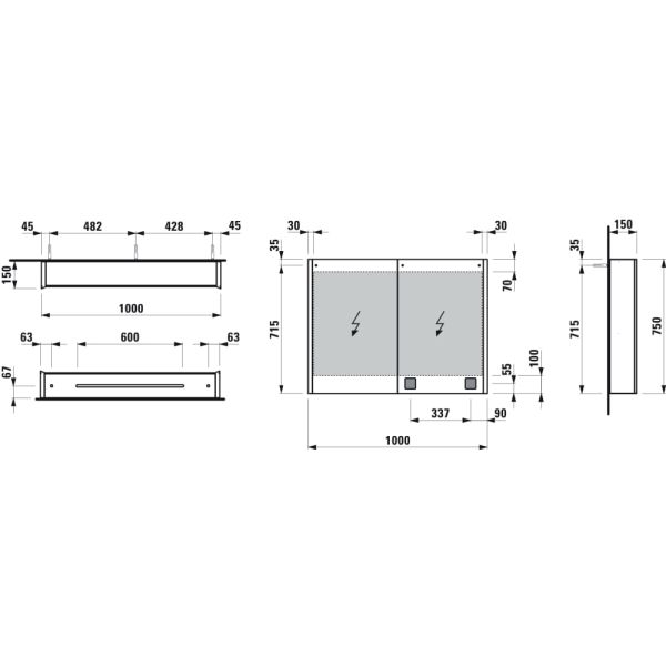 LAUFEN FRAME 25 Zrkadlová skrinka, hliníková, s 2 LED osvetľovacími prvkami a spodným ambient osvetlením,bez zásuvky, bez senzorového vypínača, 1000x150x750 mm, Biela lesklá 145, H4086739001451