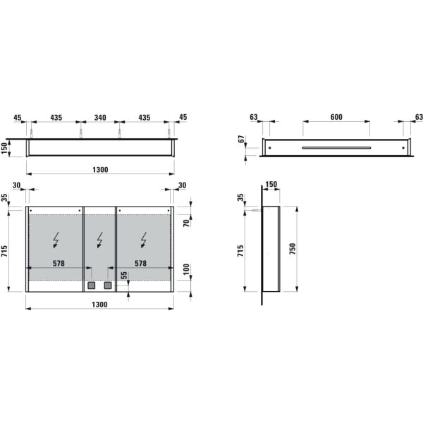 LAUFEN FRAME 25 Zrkadlová skrinka, hliníková, 3 dvojité zrkadlové dvere, so 4 LED osvetľovacími prvkami, s EÚ zásuvkami, so senzorovým vypínačom, 1300x150x750 mm, Zrkadlo 144, H4087049001441