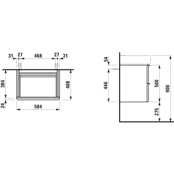 LAUFEN SPACE Skrinka pod umývadlo, s 2 zásuvkami, pre umývadlo 810283, 585x410x520 mm, Biela matná, hliníková rúčka 100, H4101421601001