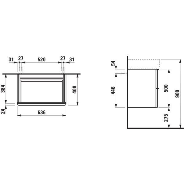 LAUFEN SPACE Skrinka pod umývadlo, s 2 zásuvkami, pre umývadlo 810284, 635x410x520 mm, Tmavý brest, tmavohnedá hliníková rúčka 103, H4101621601031