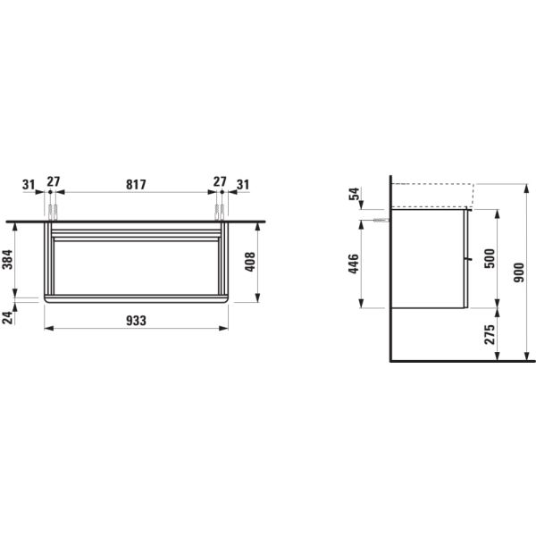 LAUFEN SPACE Skrinka pod umývadlo, s 2 zásuvkami, pre umývadlo 810287, 935x410x520 mm, Bledý orech, hliníková rúčka 101, H4102021601011