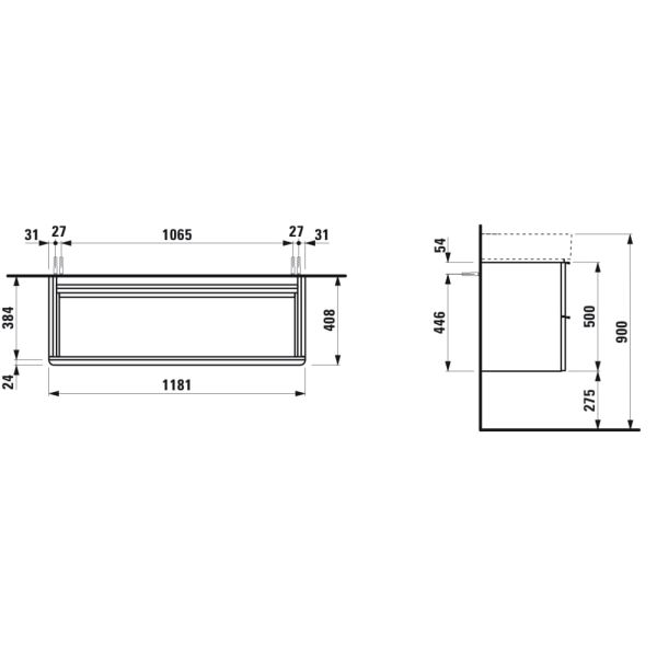 LAUFEN SPACE Skrinka pod umývadlo, s 2 zásuvkami, pre umývadlo 810289, 1185x410x520 mm, Tmavý brest, tmavohnedá hliníková rúčka 103, H4102221601031