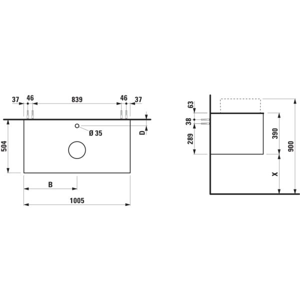 LAUFEN ARUN Zásuvkový element 1000, s 1 zásuvkou, s výrezom uprostred, s vrchnou doskou Ardesia Bianca vr. otvoru pre batériu, 1005x505x390 mm, Noce Canaletto – drevená dyha 630, H4141151516301