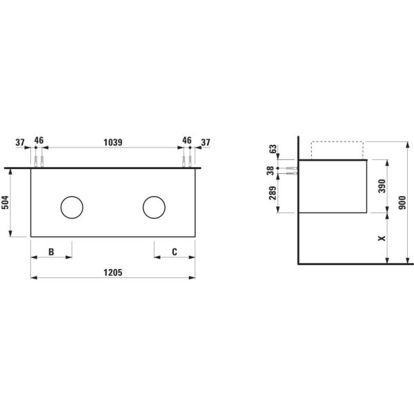 LAUFEN ARUN Zásuvkový element 1200, s 1 zásuvkou, s výrezom vľavo a vpravo, s vrchnou doskou Ardesia Bianca, 1205x505x390 mm, Noce Canaletto – drevená dyha 630, H4141241516301