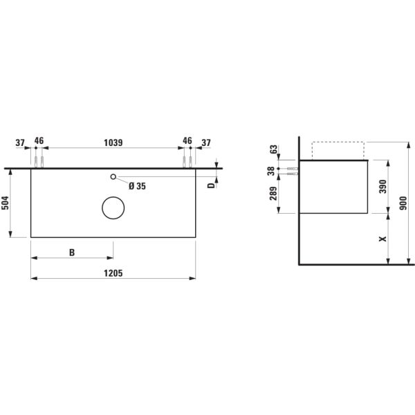 LAUFEN ARUN Zásuvkový element 1200, s 1 zásuvkou, s výrezom uprostred, s vrchnou doskou Ardesia Bianca vr. otvoru pre batériu, 1205x505x390 mm, Noce Canaletto – drevená dyha 630, H4141251516301