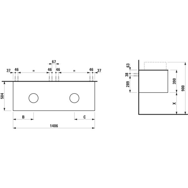 LAUFEN ARUN Zásuvkový element 1400, s 2 zásuvkami, s výrezom vľavo a vpravo, s vrchnou doskou Ardesia Bianca, 1405x505x390 mm, Špeciálne farby 990, H4141341519901