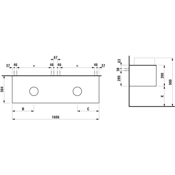 LAUFEN ARUN Zásuvkový element 1600, s 2 zásuvkami, s výrezom vľavo a vpravo, s vrchnou doskou Ardesia Bianca, 1605x505x390 mm, Špeciálne farby 990, H4141441519901