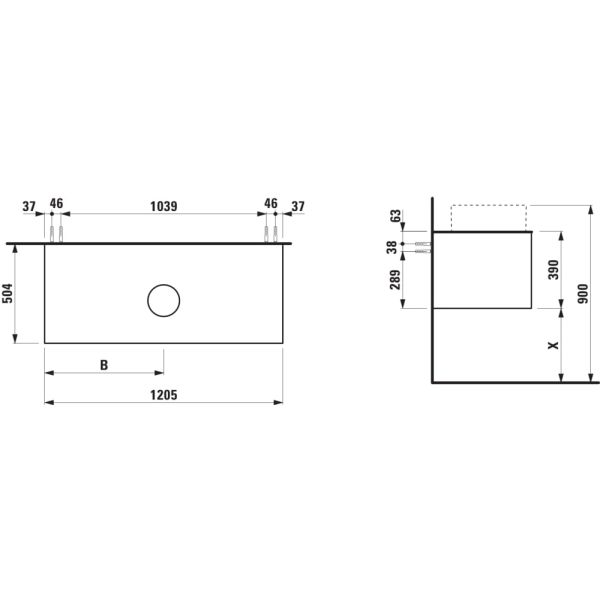 LAUFEN ARUN Zásuvkový element 1200, s 1 zásuvkou, s výrezom uprostred, s vrchnou doskou Ardesia Nera, 1205x505x390 mm, Noce Canaletto – drevená dyha 630, H4151211516301