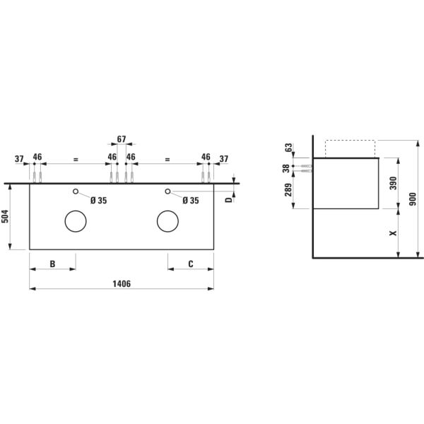 LAUFEN ARUN Zásuvkový element 1400, s 2 zásuvkami, s výrezom vľavo a vpravo, s vrchnou doskou Ardesia Nera vr. otvoru pre batériu, 1405x505x390 mm, Špeciálne farby 990, H4151391519901