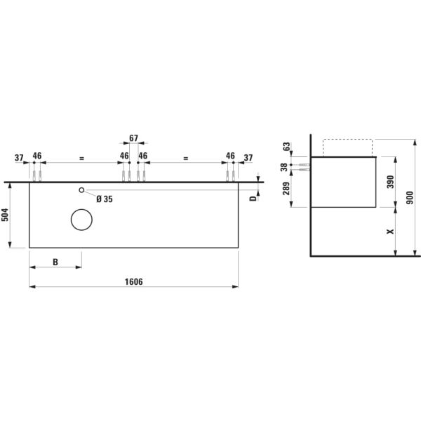 LAUFEN ARUN Zásuvkový element 1600, s 2 zásuvkami, s výrezom vľavo, s vrchnou doskou Ardesia Nera vr. otvoru pre batériu, 1605x505x390 mm, Noce Canaletto – drevená dyha 630, H4151461516301