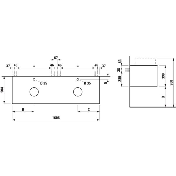 LAUFEN ARUN Zásuvkový element 1600, s 2 zásuvkami, s výrezom vľavo a vpravo, s vrchnou doskou Ardesia Nera vr. otvoru pre batériu, 1605x505x390 mm, Špeciálne farby 990, H4151491519901