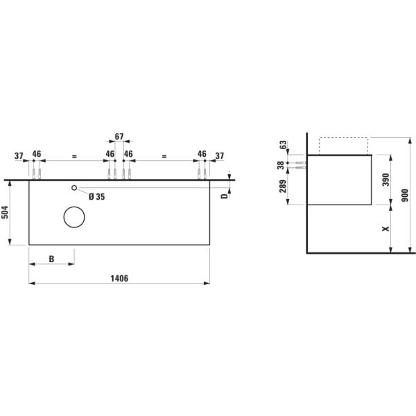 LAUFEN ARUN Zásuvkový element 1400, s 2 zásuvkami, s výrezom vľavo, s vrchnou doskou Piasentina Grigio vr. otvoru pre batériu, 1405x505x390 mm, Bledý dub 250, H4161361512501