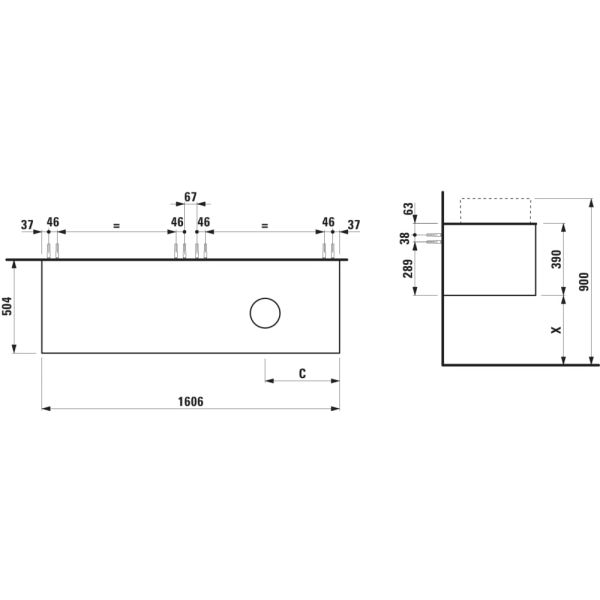 LAUFEN ARUN Zásuvkový element 1600, s 2 zásuvkami, s výrezom vpravo, s vrchnou doskou Piasentina Grigio, 1605x505x390 mm, Noce Canaletto – drevená dyha 630, H4161431516301