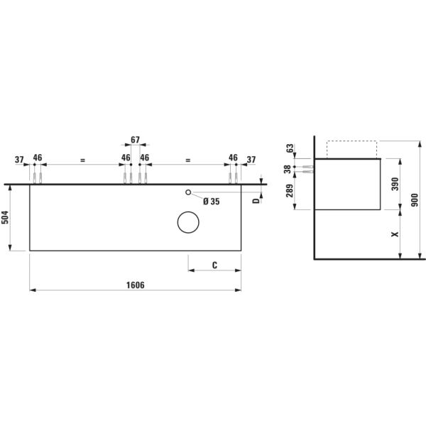 LAUFEN ARUN Zásuvkový element 1600, s 2 zásuvkami, s výrezom vpravo, s vrchnou doskou Piasentina Grigio vr. otvoru pre batériu, 1605x505x390 mm, Špeciálne farby 990, H4161471519901