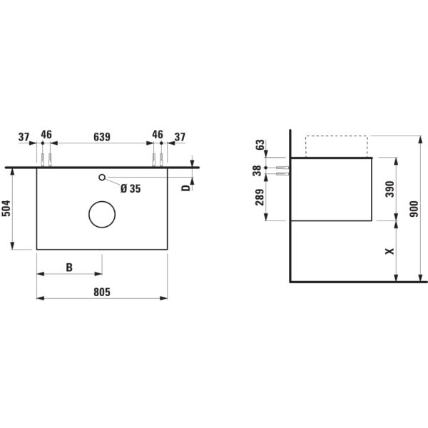 LAUFEN ARUN Zásuvkový element 800, s 1 zásuvkou, s výrezom uprostred, s vrchnou doskou Botticino Crema vr. otvoru pre batériu, 805x505x390 mm, Špeciálne farby 990, H4171051519901