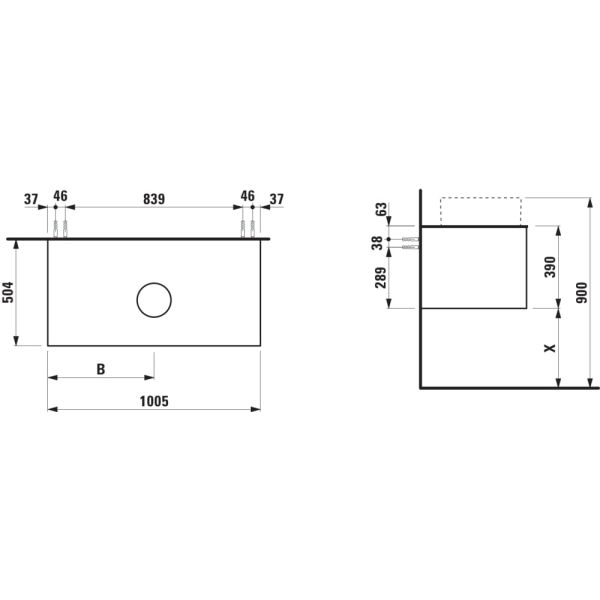 LAUFEN ARUN Zásuvkový element 1000, s 1 zásuvkou, s výrezom uprostred, s vrchnou doskou Botticino Crema, 1005x505x390 mm, Bledý dub 250, H4171111512501