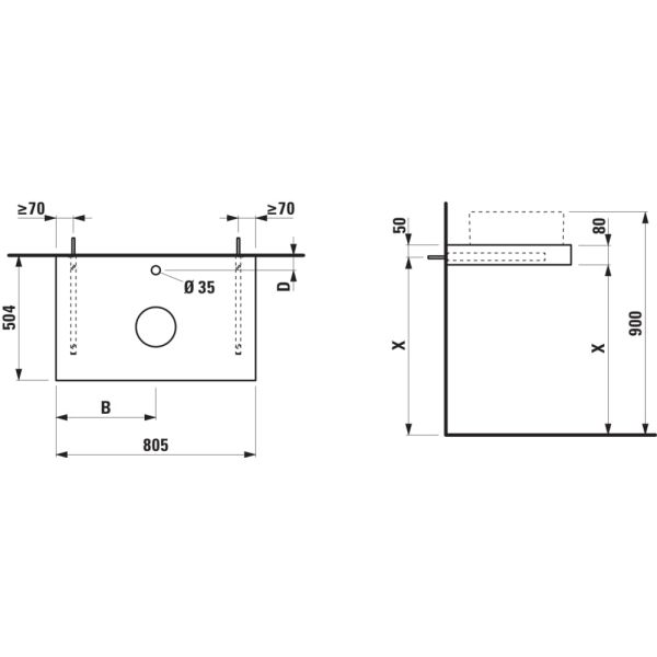LAUFEN ARUN Umývadlová doska 800, s výrezom uprostred, hrúbka 80 mm, vr. otvoru pre batériu, vr. 2 nástenných držiakov, 805x505x80 mm, Výber kamenných dekorov 770, H4191051517701