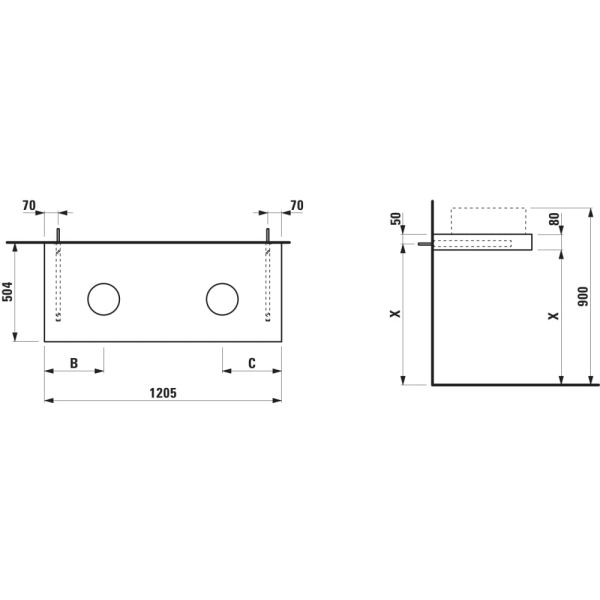 LAUFEN ARUN Umývadlová doska 1200, s výrezom vľavo a vpravo, hrúbka 80 mm, vr. 2 nástenných držiakov, 1205x505x80 mm, Výber kamenných dekorov 770, H4191241517701