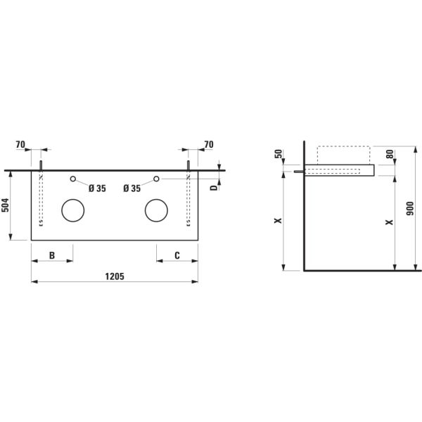 LAUFEN ARUN Umývadlová doska 1200, s výrezom vľavo a vpravo, hrúbka 80 mm, vr. otvoru pre batériu, vr. 2 nástenných držiakov, 1205x505x80 mm, Výber kamenných dekorov 770, H4191291517701