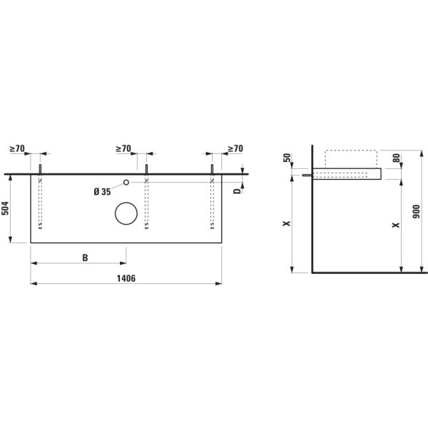 LAUFEN ARUN Umývadlová doska 1400, s výrezom uprostred, hrúbka 80 mm, vr. otvoru pre batériu, vr. 3 nástenných držiakov, 1405x505x80 mm, Výber kamenných dekorov 770, H4191351517701