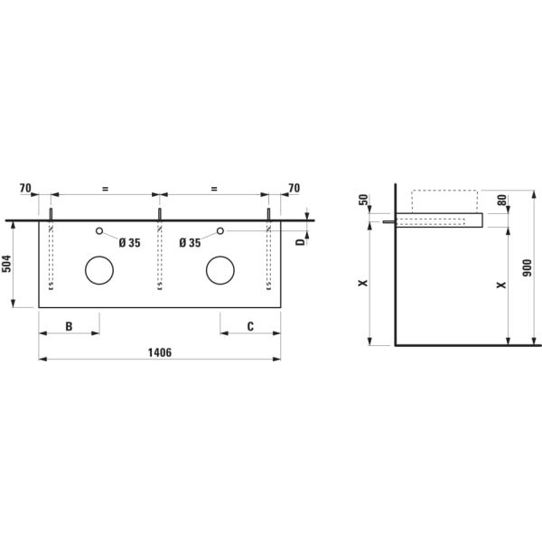 LAUFEN ARUN Umývadlová doska 1400, s výrezom vľavo a vpravo, hrúbka 80 mm, vr. otvoru pre batériu, vr. 3 nástenných držiakov, 1405x505x80 mm, Výber kamenných dekorov 770, H4191391517701