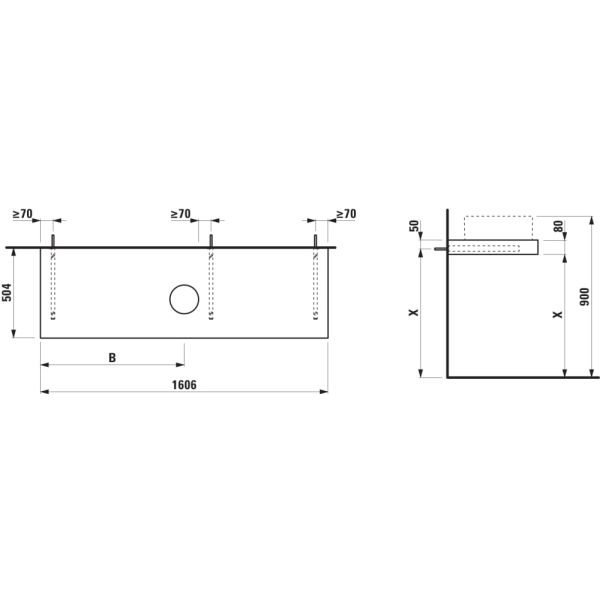 LAUFEN ARUN Umývadlová doska 1600, s výrezom uprostred, hrúbka 80 mm, vr. 3 nástenných držiakov, 1605x505x80 mm, Výber kamenných dekorov 770, H4191411517701