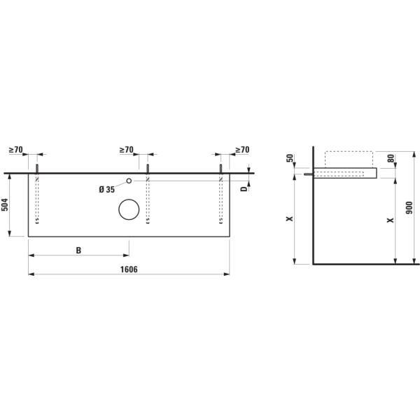 LAUFEN ARUN Umývadlová doska 1600, s výrezom uprostred, hrúbka 80 mm, vr. otvoru pre batériu, vr. 3 nástenných držiakov, 1605x505x80 mm, Výber kamenných dekorov 770, H4191451517701