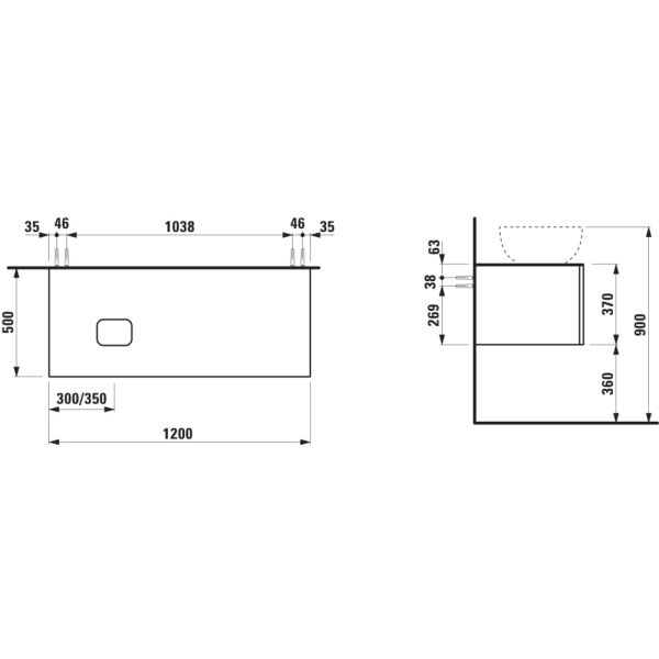LAUFEN ILBAGNOALESSI Zásuvkový element 1200, s 1 zásuvkou, s výrezom vľavo, pre umývadlá H818975/6, H818977/8, 1200x500x370 mm, Tmavohnedá 429, H4303120974291