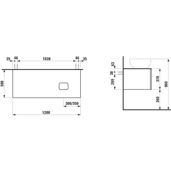 LAUFEN ILBAGNOALESSI Zásuvkový element 1200, s 1 zásuvkou, s výrezom vpravo, pre umývadlá H818975/6, H818977/8, 1200x500x370 mm, Béžová perleť 270, H4303130972701