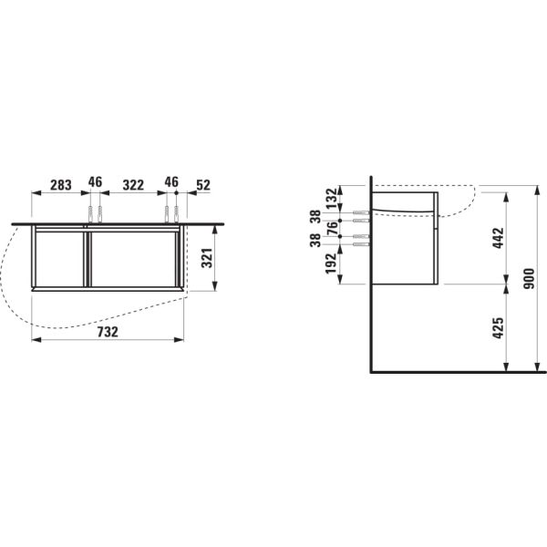 LAUFEN ILBAGNOALESSI Skrinka pod umývadlo 900, s 1 zásuvkou, s výrezom pre sifón vľavo, pre umývadlo H814975, 730x320x355 mm, Noce Canaletto – drevená dyha 630, H4304010976301