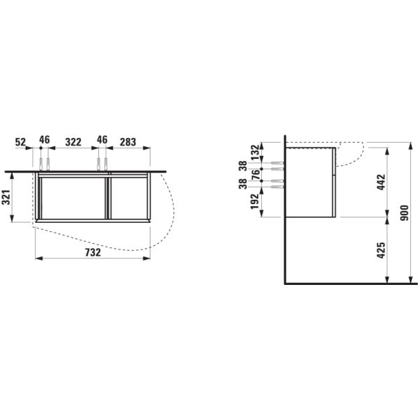 LAUFEN ILBAGNOALESSI Skrinka pod umývadlo 900, s 1 zásuvkou, s výrezom pre sifón vpravo, pre umývadlo H814976, 730x320x355 mm, Špeciálne farby 990, H4304110979901