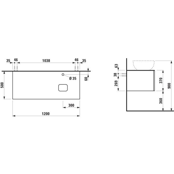 LAUFEN ILBAGNOALESSI Zásuvkový element 1200, s 1 zásuvkou, s výrezom vpravo, top Calce Avorio vr. otvoru pre batériu, pre umývadlo H818975/6, 1200x500x370 mm, Biela matná 260, H4313170972601