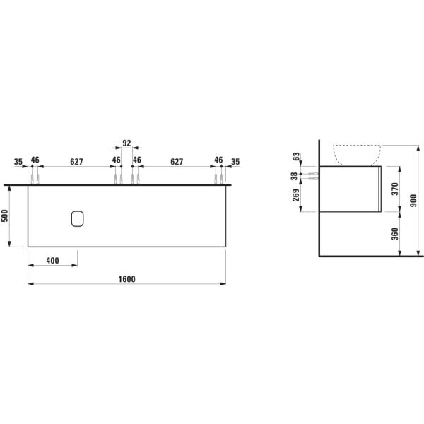 LAUFEN ILBAGNOALESSI Zásuvkový element 1600, s 2 zásuvkami, s výrezom vľavo, top Calce Avorio, pre umývadlo H818974, 1600x500x370 mm, Špeciálne farby 990, H4313420979901