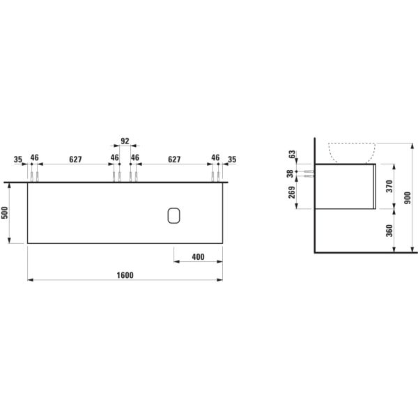 LAUFEN ILBAGNOALESSI Zásuvkový element 1600, s 2 zásuvkami, s výrezom vpravo, top Calce Avorio, pre umývadlo H818974, 1600x500x370 mm, Noce Canaletto – drevená dyha 630, H4313430976301